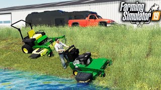 FS19 STARTING A MOWING BUSINESS MOWING OUR FIRST PROPERTY WITH JD WALKBEHIND [upl. by Ydnys]