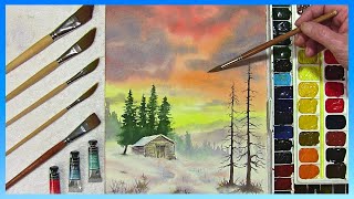 HOW TO PAINT A SUNSET WINTER LANDSCAPE EVERGREEN TREESCABIN amp SNOW IN WATERCOLOR [upl. by Trinee]