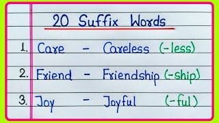 Suffix Words in English  20 Suffix words  Suffix and Prefix  Suffix word  Suffixes [upl. by Fanchet]