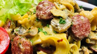 Sausage amp Mushroom Alfredo Pasta  Creamy Delicious Alfredo Sauce [upl. by Ahsimaj]