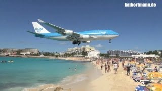 KLM 747 Landing and TakeOff with Jet Blast at Maho Beach  St Maarten  20120124 [upl. by Newcomer]