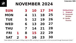 November Calendar 2024  November 2024 Calendar with Holidays  India 📅 Calendar 365 📅 [upl. by Raymund]