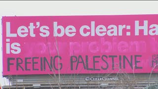 AntiHamas billboard in Worcester vandalized with statement about Israel [upl. by Kwasi]