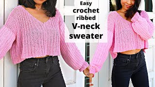 Easy crochet ribbed V neck sweater make in any size [upl. by Crescantia]