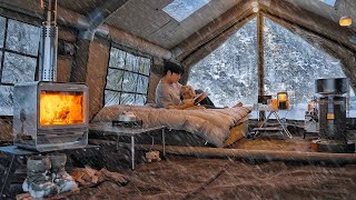 Camping in Heavy Snow with My Dog  2Room Inflatable Tent  Wood Stove ASMR [upl. by Ricard468]