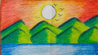 How To Draw Riverside Scenery Sunrise Ki Chitra Simple Landscape Scenery [upl. by Centeno]