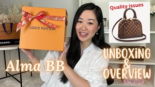 LOUIS VUITTON ALMBA BB DAMIER EBENE UNBOXING 2022  FIRST IMPRESSIONS QUALITY ISSUES amp MOD SHOTS [upl. by Nereil]