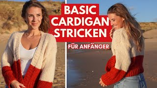 Strickjacke stricken für Anfänger  Anleitung für einfachen Basic Cardigan [upl. by Samuel]