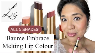 NEW LISA ELDRIDGE BAUME EMBRACE MELTING LIP COLOURS  ALL 5 SHADES SWATCHES [upl. by Ahseital]