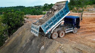 Technique Skills Land Filling On The Mountains With 10 Wheels Trucks Unloading amp Dozer D37E Pushing [upl. by Acinoreb568]