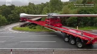 WATCH Remarkable maneuver of trailer turning Scotland wind turbine over bridge [upl. by Hawken]