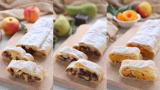 3 IDEEE PER STRUDEL DOLCI DI PASTA SFOGLIA  Ricetta facile Strudel di mele di Pere di Pesche [upl. by Lahsram891]