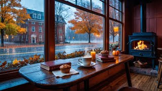 Cozy Autumn Coffee Shop 🍂 ☕ Perfect Fall Ambience  Rain amp Fire Sounds for Sleep or Focus  Ambient [upl. by Mure384]