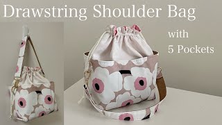 ポケット付き巾着を作ってみました how to make a drawstring shoulder bag [upl. by Annuaerb]