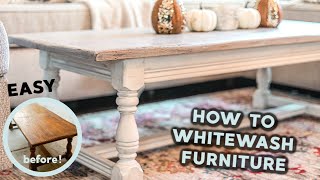 How to Whitewash amp Distress Furniture DIY Farmhouse Coffee Table easy amp budgetfriendly [upl. by Hessney]