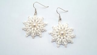 Snowflake earrings with Swarovski pearl and superduos beading tutorial [upl. by Anola]