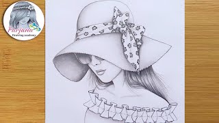 A girl wearing Sun Hat and Sunglass  Step by step Pencil Sketch for beginners  How to draw a girl [upl. by Zebaj]