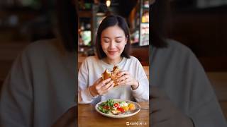 The Perfect Bite AIGenerated Video of a Beautiful Girl Enjoying a Burger at a Cozy Restaurant [upl. by Chemesh]