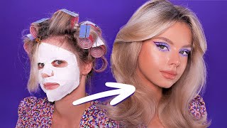 0 to 100 GRWM big volumized hair and graphic purple eyeliner [upl. by Bovill]