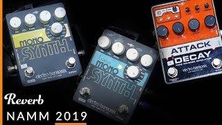 EHX Mono Synth Attack Decay Bass Mono Synth and Super Switcher Pedals at NAMM 2019  Reverb [upl. by Ecirtnahc]