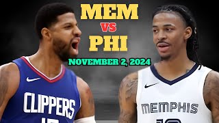 Philadelphia 76ers vs Memphis Grizzlies Full Game Highlights  November 2 2024 NBA Season [upl. by Adnohsek]