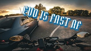 Yamaha FZ09 vs Mitsubishi Lancer Evo shredding back roads [upl. by Notac]