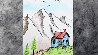 Scenery Landscape Drawing  Ink and Colored Pencils Pencil Sketch Tutorial House Mountains Trees [upl. by Chor152]