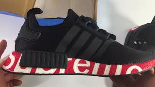 UA Adidas Supreme NMD R1 Black  Red Pad Supreme Unboxing Review ShoesGather [upl. by Nwadahs363]