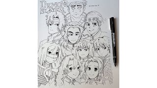 Drawing Video –21 I spent 3 hours drawing the 9 Hashira of Demon Slayer Tired but happy 😊 [upl. by Ajnin]