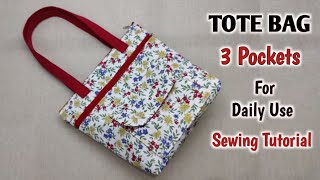 Daily Use Tote bag with Multiple Pockets  Cloth bag making at home  Shopping bag sewing tutorial [upl. by Etka179]