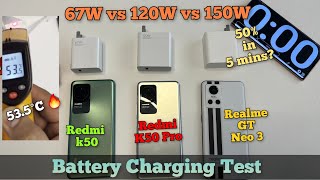 150W vs 120W vs 67W Charging Test n Heating Test ft Realme GT Neo 3  Redmi K50 Pro  Redmi K50 [upl. by Lladnew993]