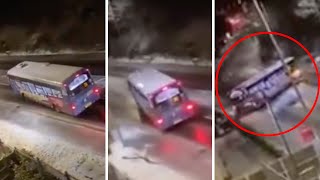 Bus slides sideways down icy road before a 4x4 crashes into another car  LBC [upl. by Worden]