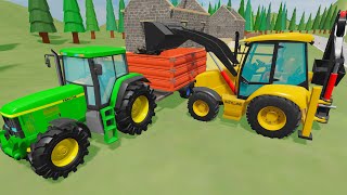 Tractor and Backhoe Loader  Animated Farm with Vehicles and House Building  Excavator for Kids [upl. by Novyad]