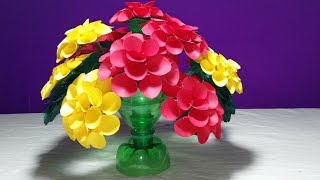 Make Beautiful Dahlia flower —Empty plastic bottle vase making crafts Water bottle Recycle flower [upl. by Georgi681]