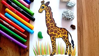 HOW TO DRAW a Giraffe  drawing for kids  coloring with markers [upl. by Sainana]