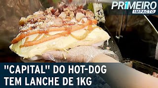 “Dogão” gigante cachorroquente de 1 kg é sucesso em Osasco SP  Primeiro Impacto 290422 [upl. by Aivatnuahs322]