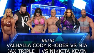 VALHALLA KEVIN OWENS VS NIA JAX CODY RHODES VS TRIPLE H NIKKITA LYONS TRIPLE TABLE TAG MATCH W2K24 [upl. by Akinnor30]