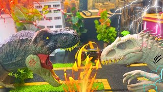 Jurassic World Dinosaurs Rampages the City  TREX vs Indominus Rex Dino tracker  Tahous Movie [upl. by Nylirem7]