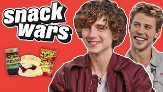 Timothée Chalamet and Austin Butler Rate British Food  Snack Wars [upl. by Oderfla]