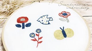 刺繍初心者でも簡単！北欧風✳︎花と鳥と蝶の刺繍【図案無料配布】ワンポイント刺繍 [upl. by Lada]