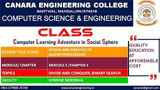 VTU DAA 18CS42 DESIGN AND ANALYSIS OF ALGORITHMS BINARY SEARCH DIVIDE AND CONQUERM2 L1 [upl. by Ateekan]