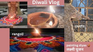 Diwali Vlog  painting diyas making rangoli laxmi pujan  diwali rangoli vlog [upl. by Lavoie]