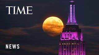 Watch Rare HarvestBloodSupermoon Lights Up the Sky Across the World [upl. by Tamsky]