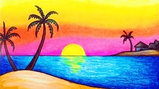 How to Draw Simple Scenery for Beginners  Drawing Sunset Scenery [upl. by Estelle]