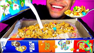 ASMR EATING LUCKY CHARMS CINNAMON TOAST CRUNCH REESES PUFFS OUT OF THE BOX MILK POUR SPOON MOUTH SO [upl. by Aifas]