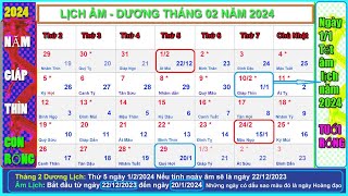 Lịch âm dương tháng 2 năm 2024  Lịch vạn niên tháng 22024 Năm Giáp Thìn [upl. by Hyps]