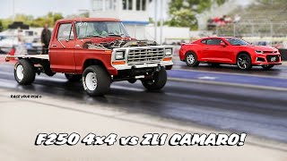 79 BIG BLOCK FORD F250 RANGER 4X4 TRUCK DRAG RACES 17 ZL1 CHEVY CAMARO BYRON DRAGWAY [upl. by Leinad807]