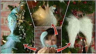 DIY ELEGANT FEATHERED CHRISTMAS ORNAMENTS Angel wings a swan and a peacock tree topper [upl. by Kori]