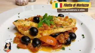 FILETTO DI MERLUZZO CON POMODORINI E OLIVE filettodimerluzo pesce [upl. by Maritsa799]