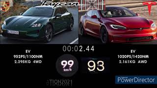 2024 PORSCHE TAYCAN TURBO S 952PS VS TESLA MODEL S PLAID 1020PS ACCELERATION 0250KMH [upl. by Desai]